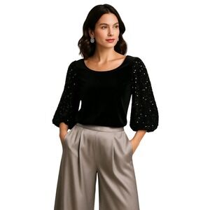 Black Velvet Top Sequin Sleeves Womens M Blouse Evening Holiday Cocktail Party